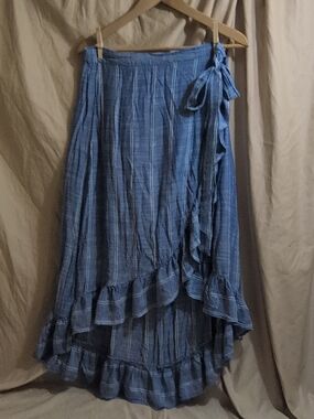 blue island Blue Striped Ruffle Wrap Skirt